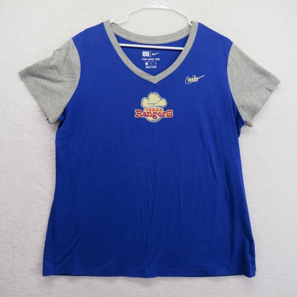 Nike‎ T Shirt Womens Extra Large Texas Rangers MLB Baseball V Neck Ringer Tee